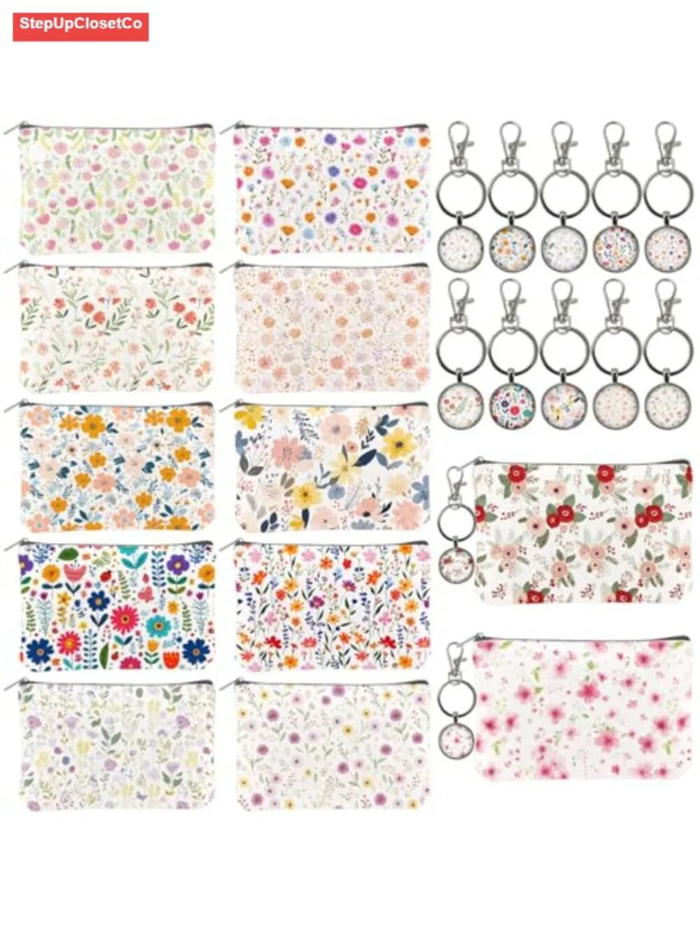 Bulk 12 Canvas Cosmetic Bags with 12 Keychains Wildflower Toiletry Organizer